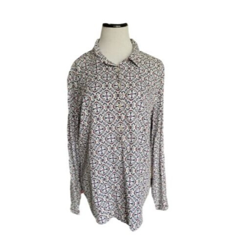Talbots Womens‎ 100% Tencel Popover Top Size XL Red White Blue Print Roll Tab